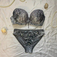 Floral Laced  & Embedded Velvet Bra Panty Set