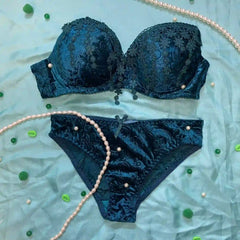 Floral Laced  & Embedded Velvet Bra Panty Set